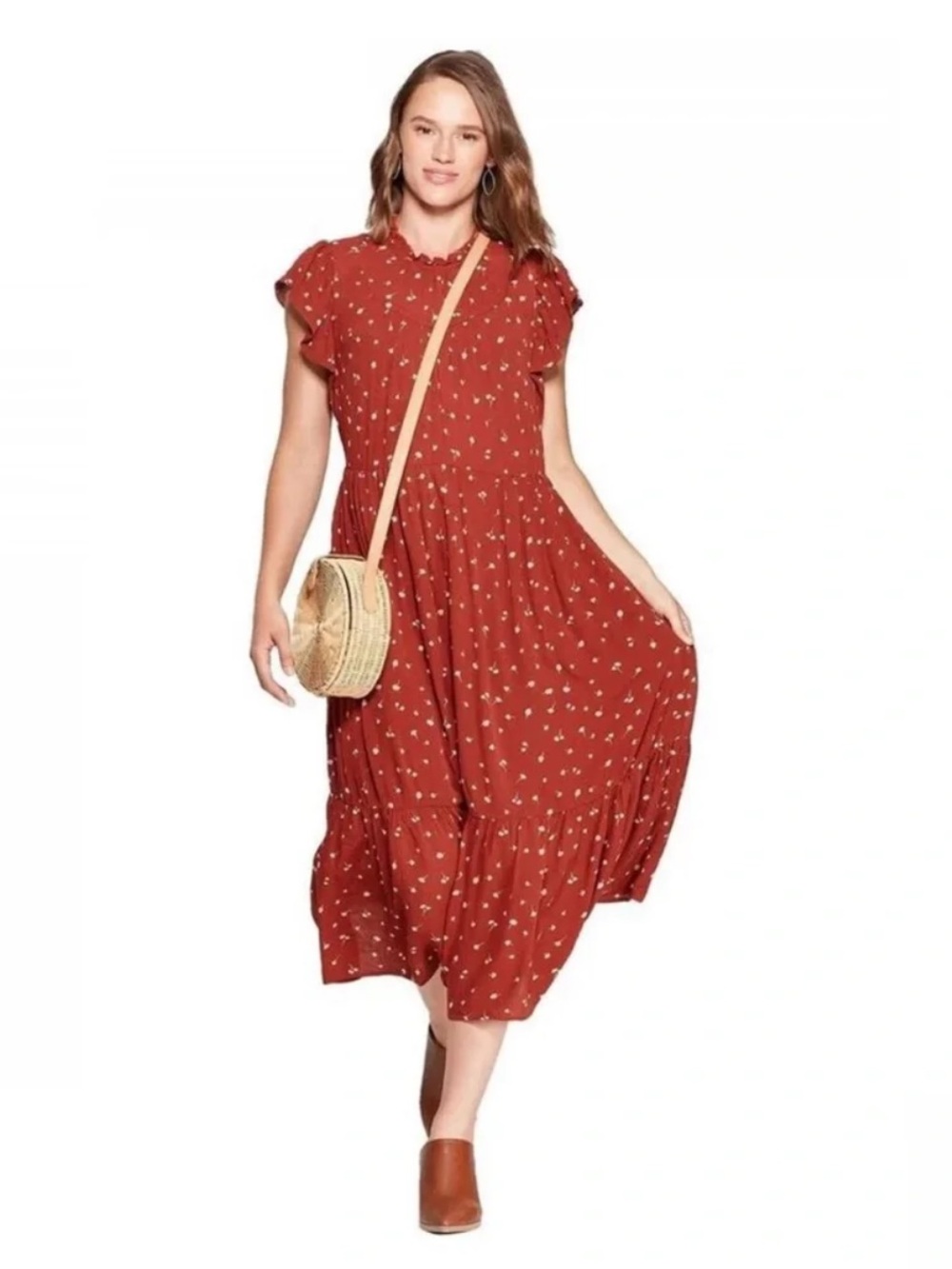 Universal Thread Rust Floral Tiered Midi Dress XS Rayon Cottagecore Boho